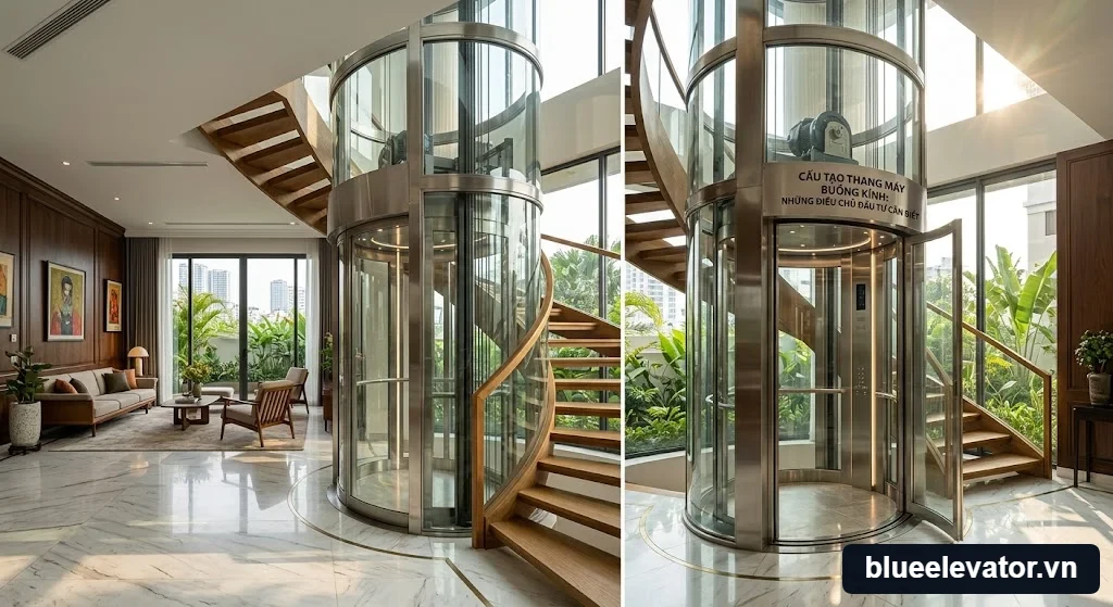 Hình ảnh toàn cảnh Cấu tạo thang máy buồng kính: Những điều chủ đầu tư cần biết sang trọng