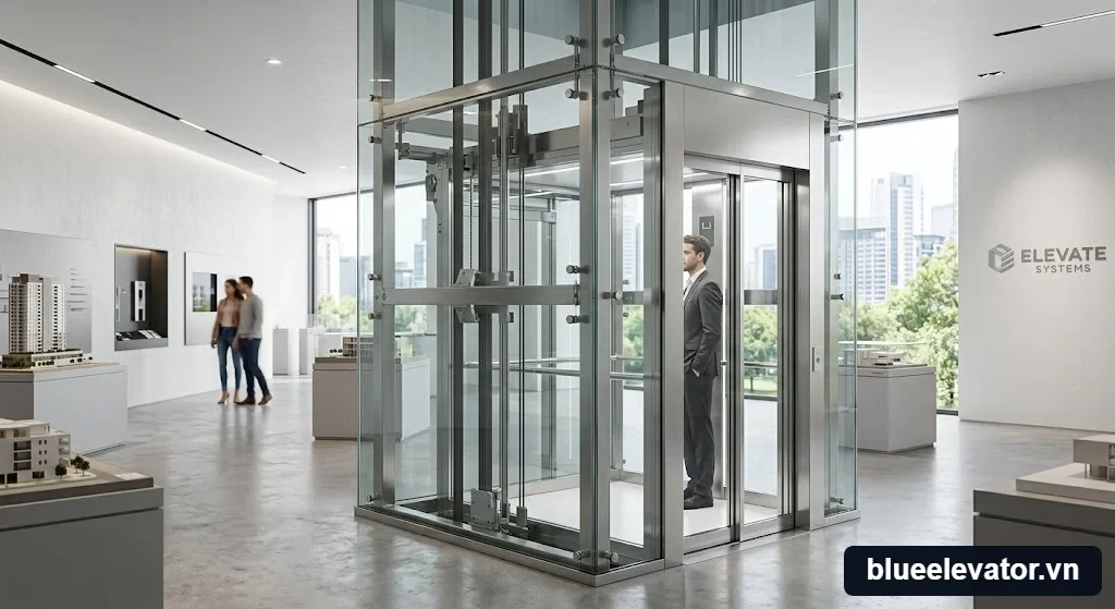 Hình ảnh thang máy kính chất lượng cao tại showroom chuyên nghiệp