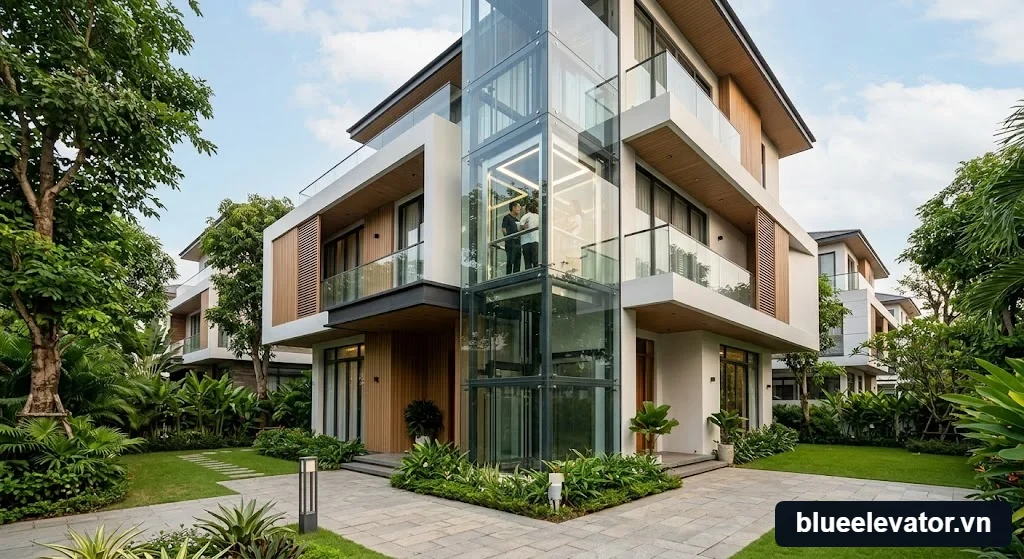 Hình ảnh thi công thang máy kính ngoài trời: Giải pháp sang trọng cho biệt thự cao cấp