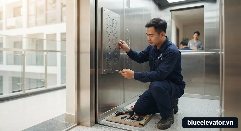 Kỹ thuật viên tư vấn và lắp đặt bảng hướng dẫn sử dụng thang máy trọn gói
