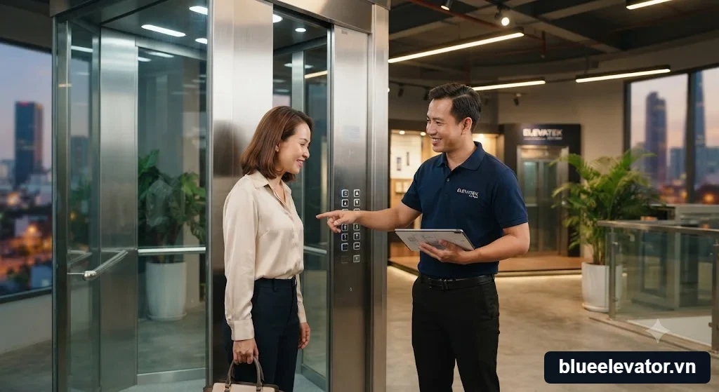 Kỹ thuật viên tư vấn giải pháp và hướng dẫn cách bấm thang máy cho khách hàng