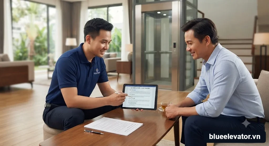 Kỹ thuật viên tư vấn trực tiếp quy trình lắp thang máy có phải xin phép