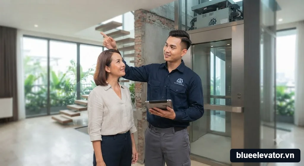 Đội ngũ kỹ sư tư vấn giải pháp THANG MÁY GIA ĐÌNH DÙNG BAO NHIÊU NĂM PHẢI THAY MỚI? tại công trình.