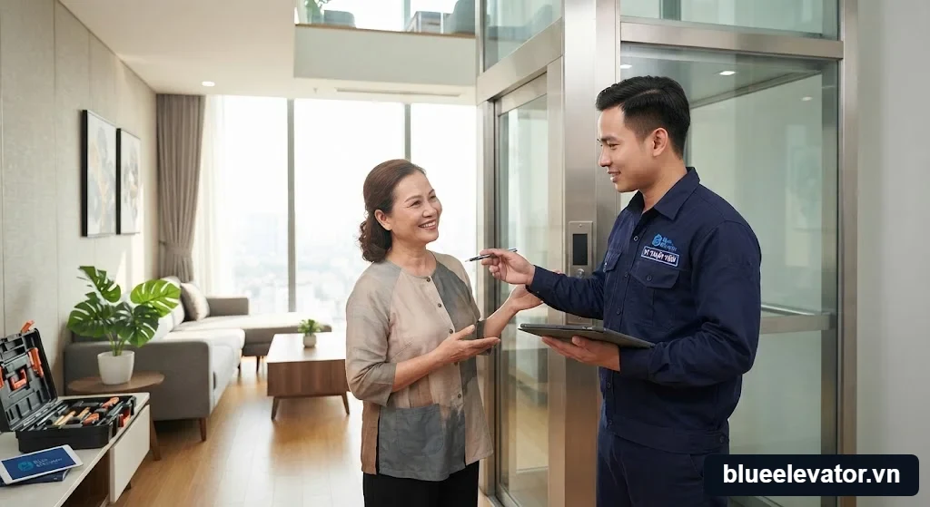Kỹ thuật viên tư vấn và bàn giao trong gói Dịch vụ lắp đặt thang máy nhập khẩu trọn gói uy tín